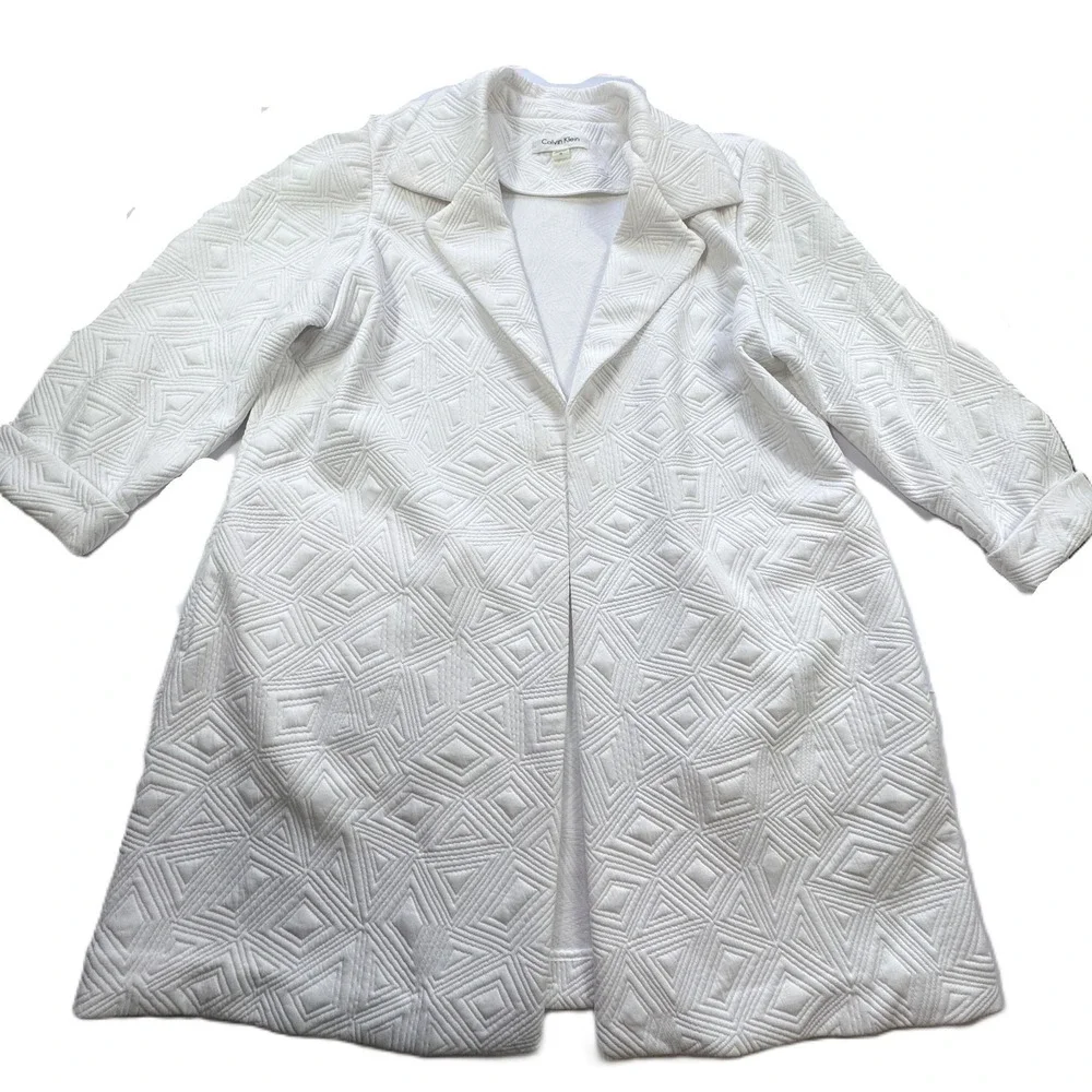 Calvin Klein White Quilted Geometric Pattern Coat Womens 16 Blazer Jacket Open‎